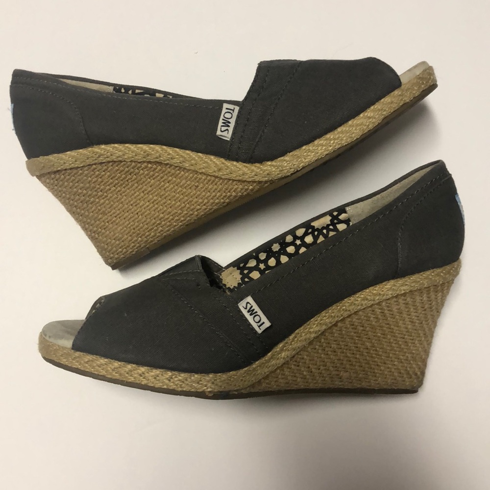 Toms Black Canvas Espadrille Wedge Peep-Toe Shoes